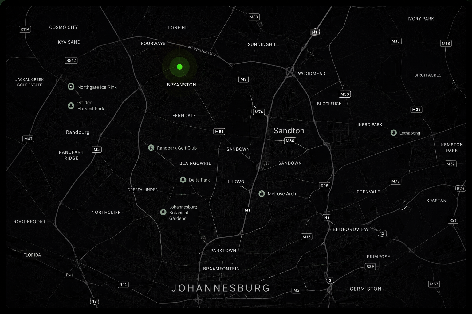 Dark map showing the CodeMuse service area around Bryanston and Johannesburg